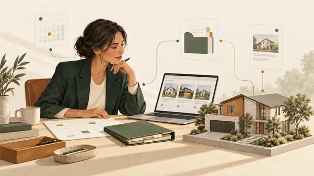 Editorial illustration of a real estate professional reviewing a calendar, client files and property materials with AI support.